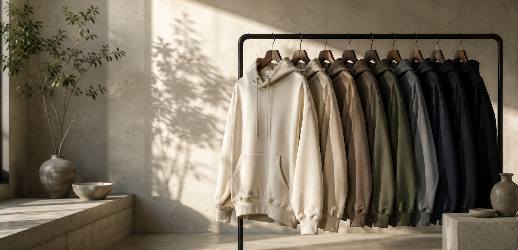 Neutral color hoodies on a garment rack for OEM and private-label hoodie manufacturing