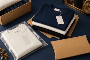 Finished custom T-shirts with labels and packaging for private label apparel inquiry review