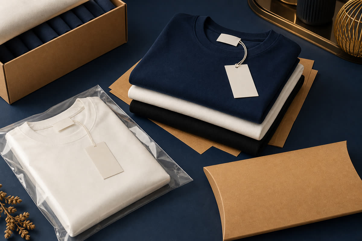 Finished T-shirt labels and packaging for private-label production review