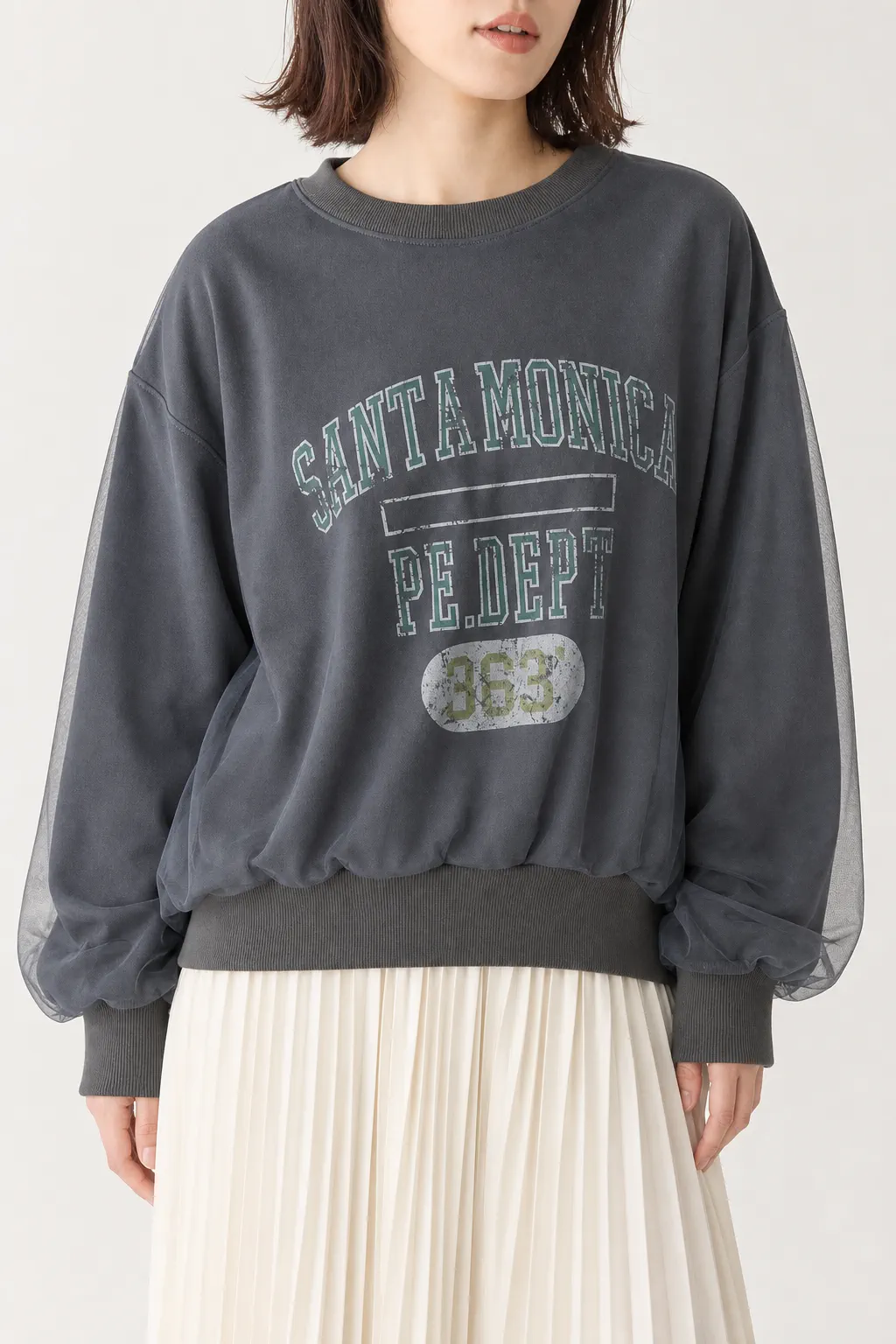 Anthrazitfarbenes Crewneck-Sweatshirt mit transparenten Organza-Lagen an Ärmeln und Saum