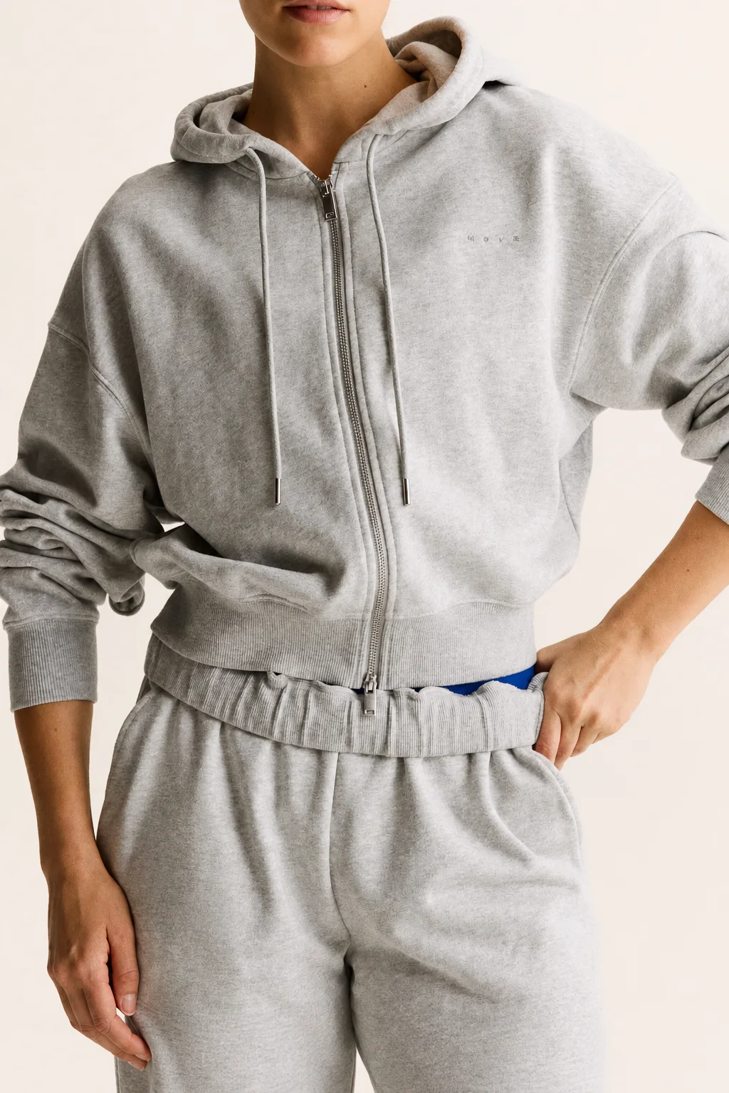 Melierter Cropped-Zip-Hoodie mit Kordelkapuze und Rippbündchen