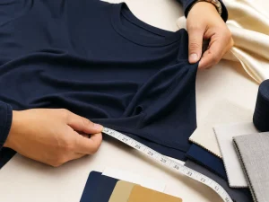 Hands measuring a sweatshirt sample beside fabric swatches thread and color cards during private-label hoodie quality review