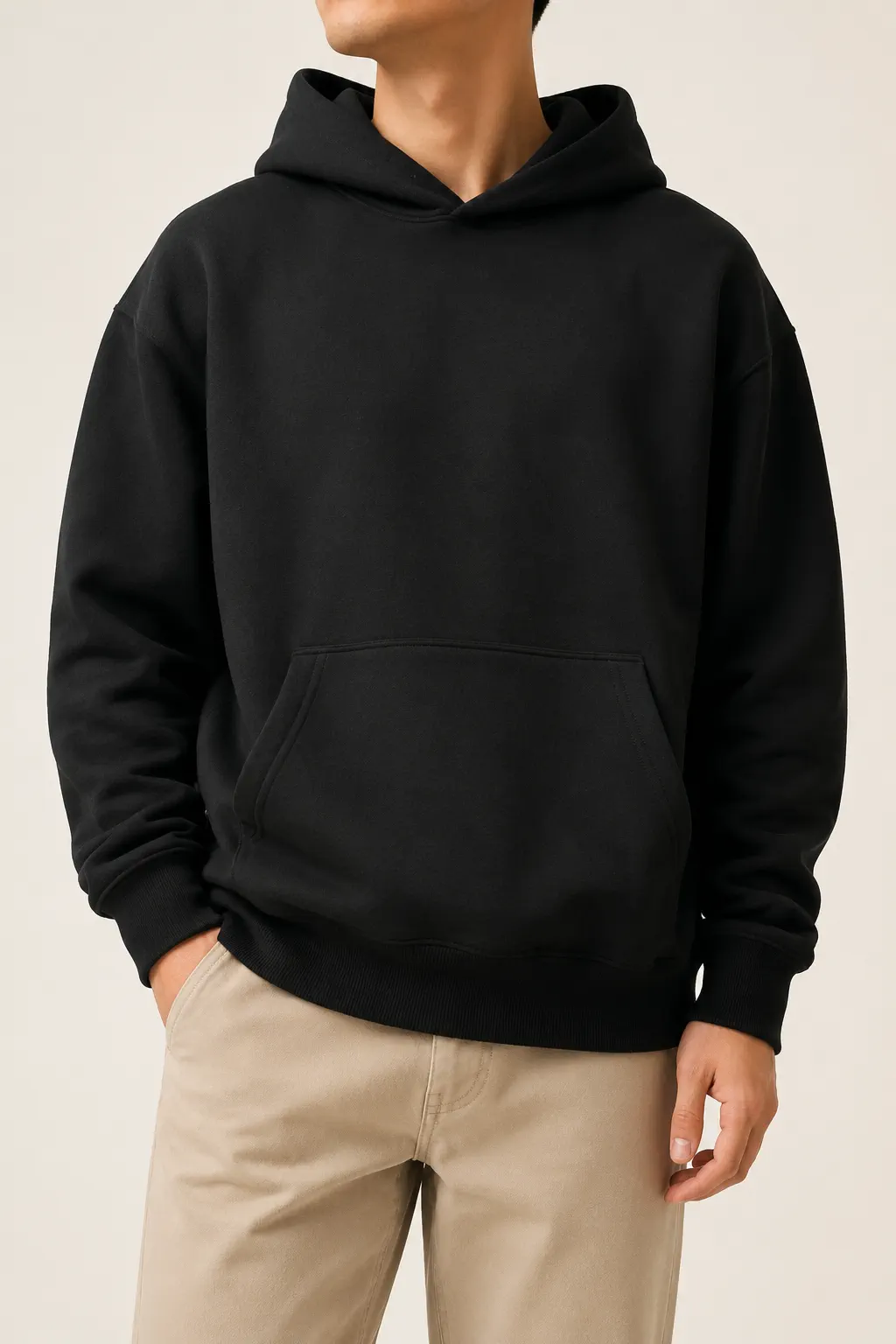 Heavyweight boxy pullover hoodie sample showing structured hood and premium silhouette