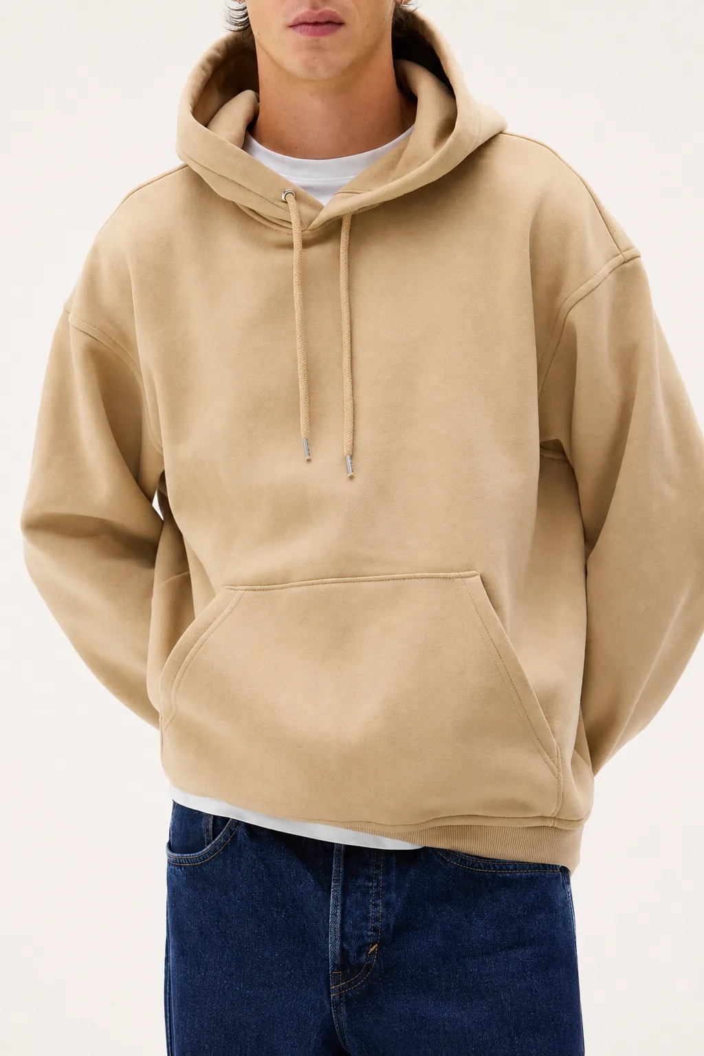 Beiger Relaxed-Fit-Hoodie mit überschnittener Schulter und Kängurutasche