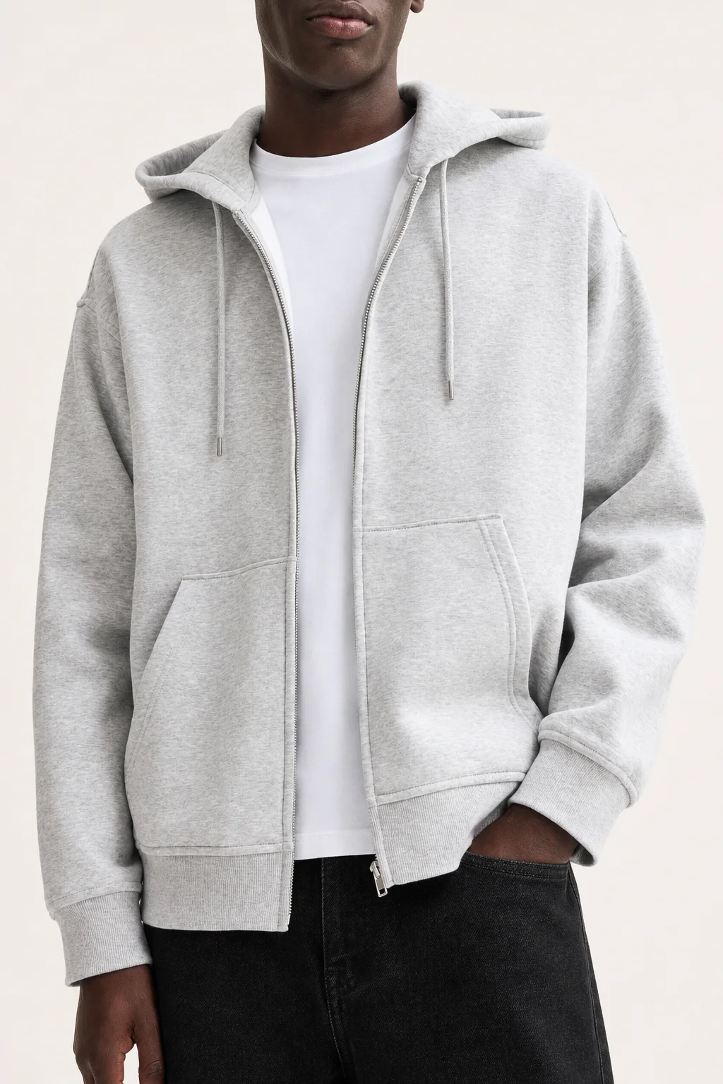 Hellgrauer Fleece-Hoodie mit durchgehendem Reißverschluss und Kordelkapuze