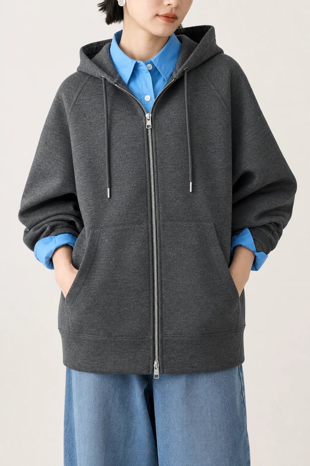 Anthrazitfarbener Oversized-Zip-Hoodie mit lockerer Passform