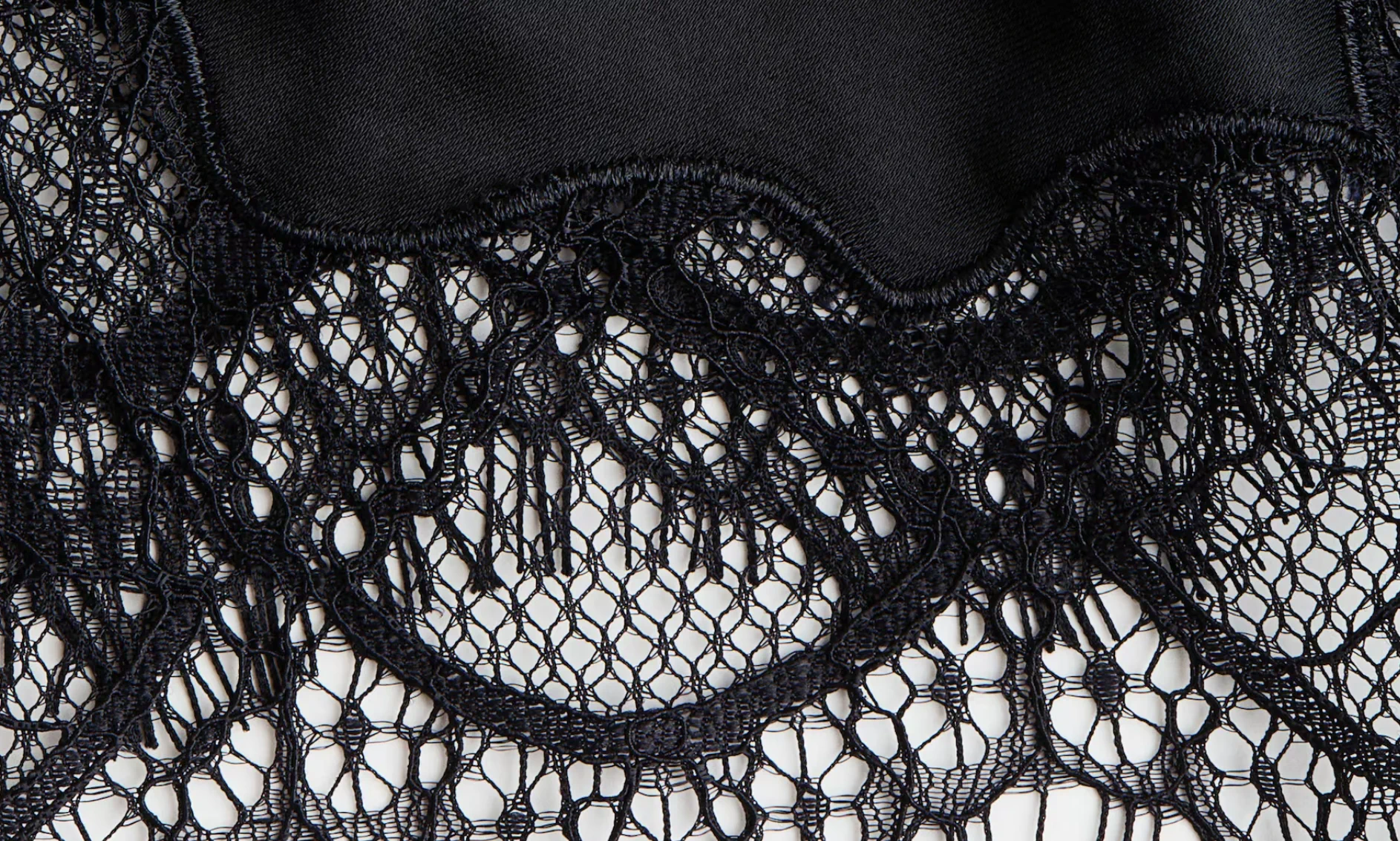 Black eyelash lace trim detail for reviewing dark sleepwear trim construction and color pairing