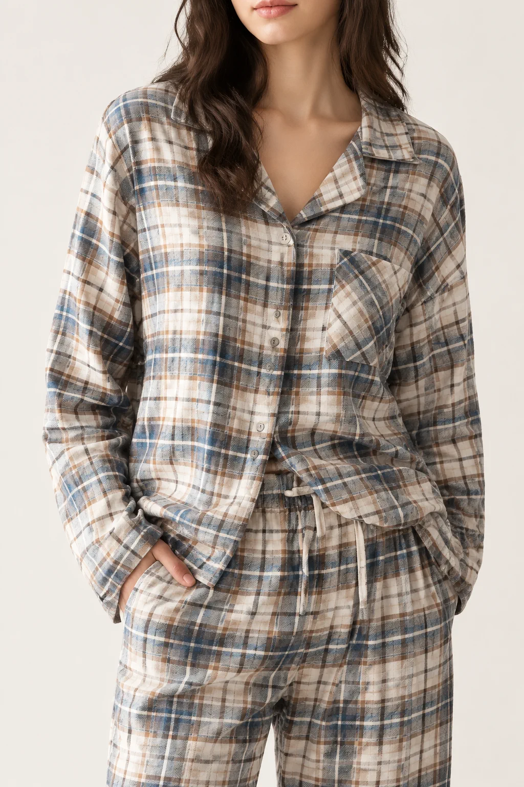Warm plaid cotton flannel button-front pajama set with a notched collar, chest pocket, drawstring waist and matching trousers