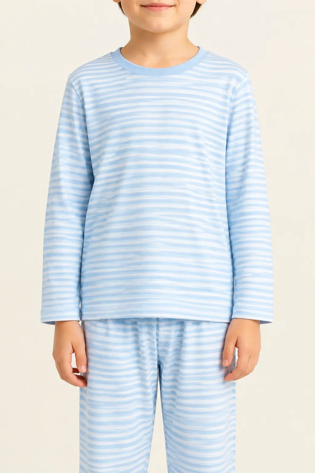 Blue stripe children’s cotton jersey pajama set for private-label family sleepwear development