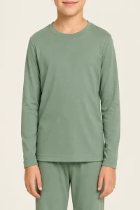 Sage green kids sleepwear set with a long-sleeve crewneck top and matching straight-leg trousers for family matching programs