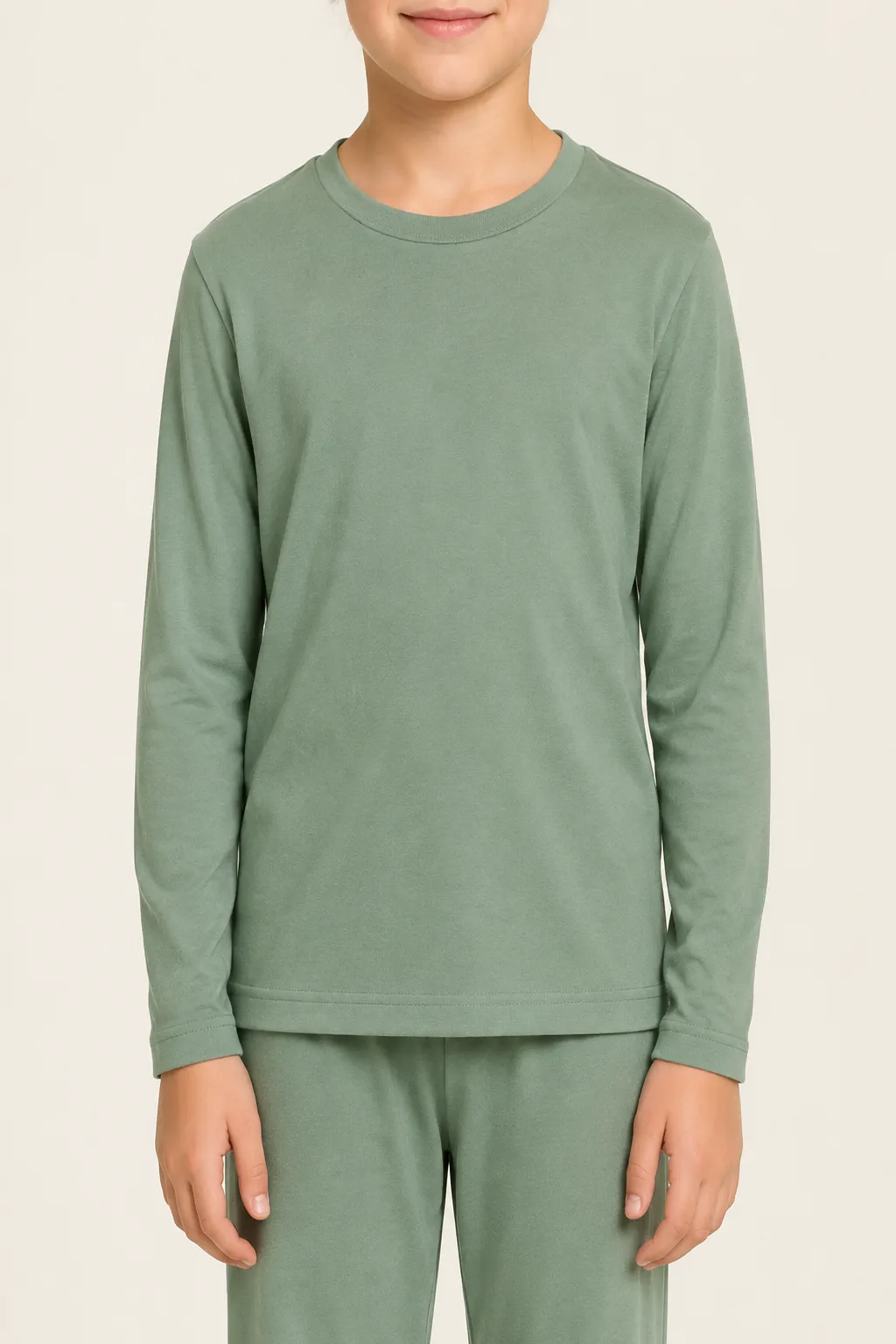 Sage green kids sleepwear set with a long-sleeve crewneck top and matching straight-leg trousers for family matching programs