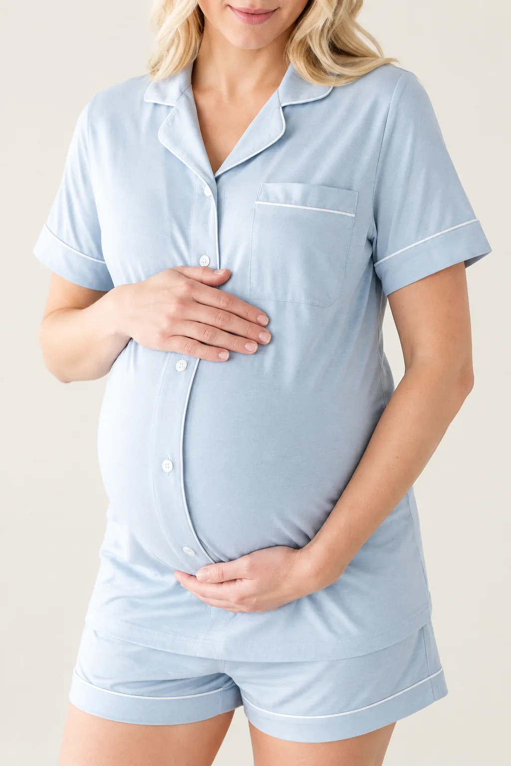 Maternity pajama set with a piped button-front shirt, used as a garment-level fit and access reference