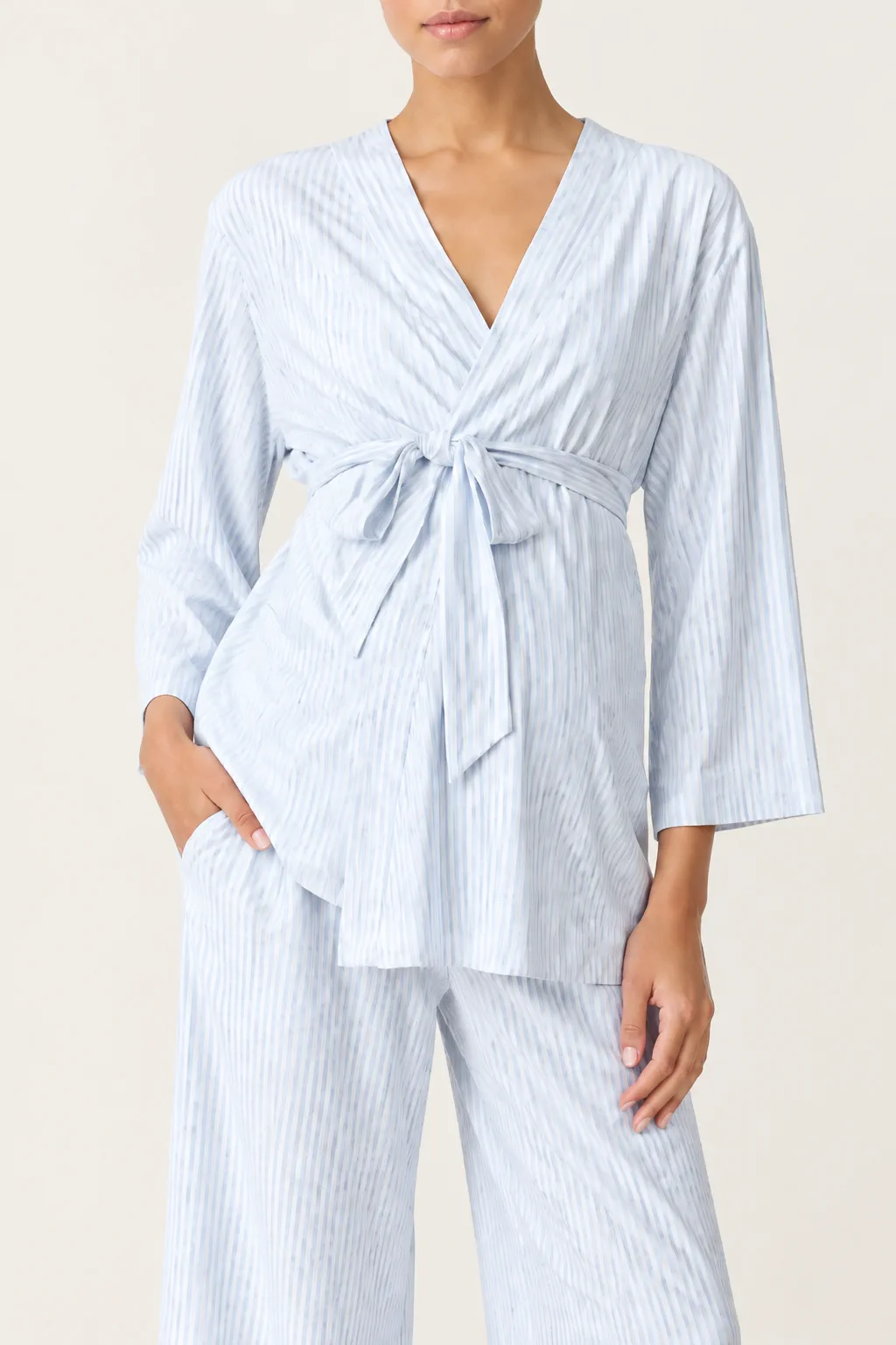 Maternity wrap sleepwear set with tie waist, illustrating a wrap-front construction reference for OEM planning
