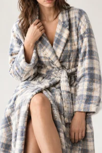 Blue grey plaid fleece wrap robe with a shawl collar and self belt for private-label spa loungewear