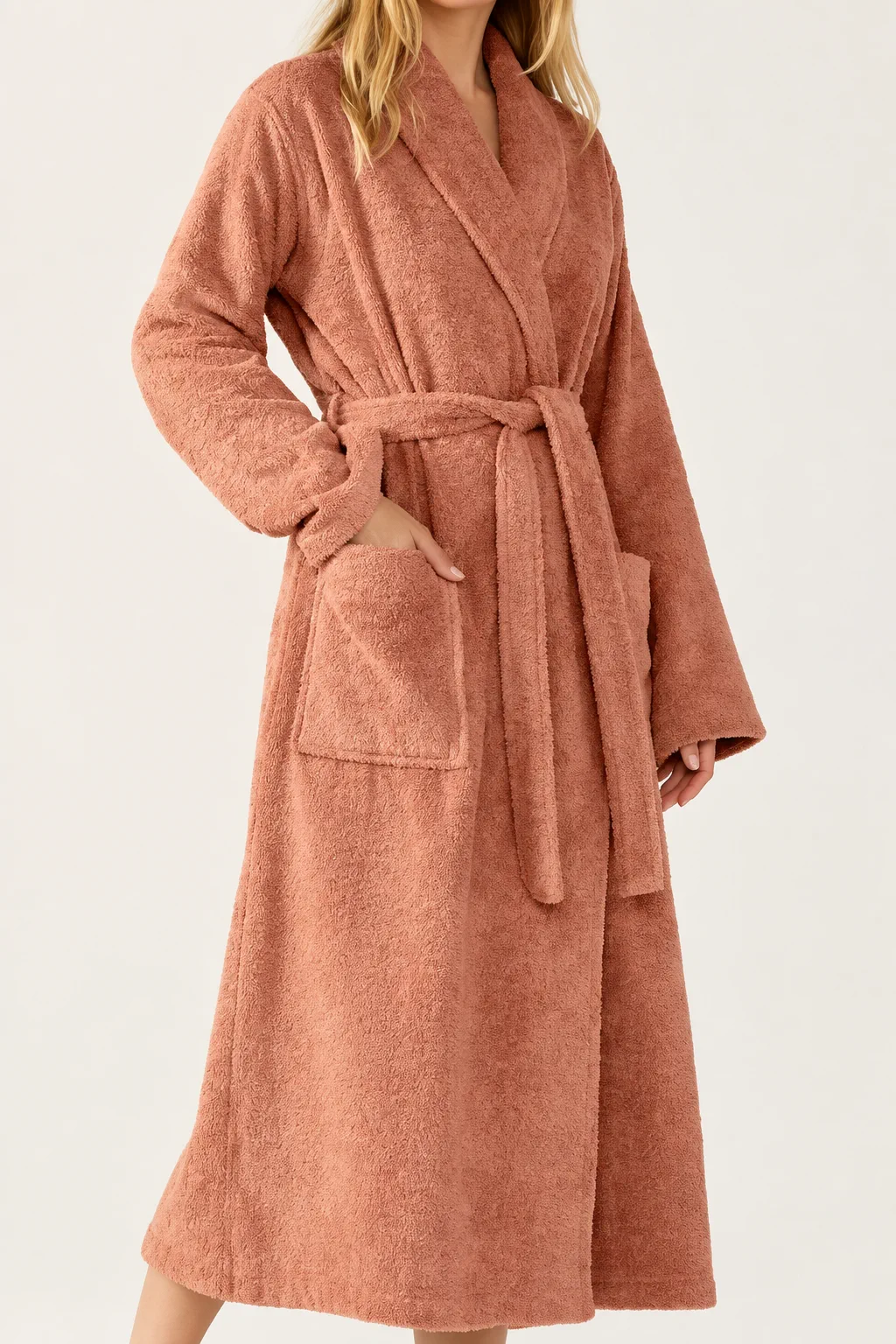 Dusty coral terry wrap robe with shawl collar self belt and patch pocket for private-label spa loungewear