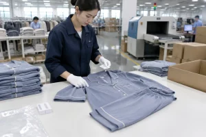 Quality control staff measuring a roomwear set beside packed cartons in a garment factory inspection area