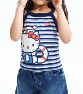 Blue and white striped kids tank top with a colorful character print