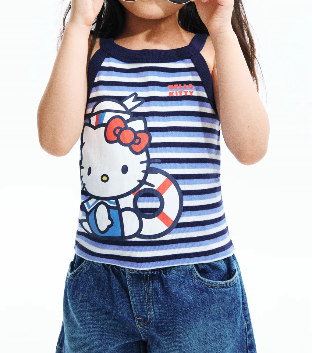 Blue and white striped kids tank top with a colorful character print
