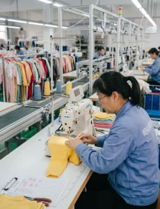 A garment worker sewing a yellow children's garment at an industrial sewing station in a clothing workshop