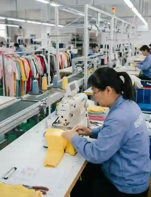 Garment workers sewing children’s clothing on the Hengcheng factory floor