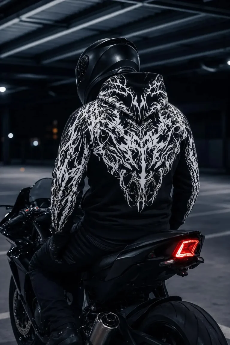 Motorcycle-inspired hoodie reference 1 for garment fit and sample development