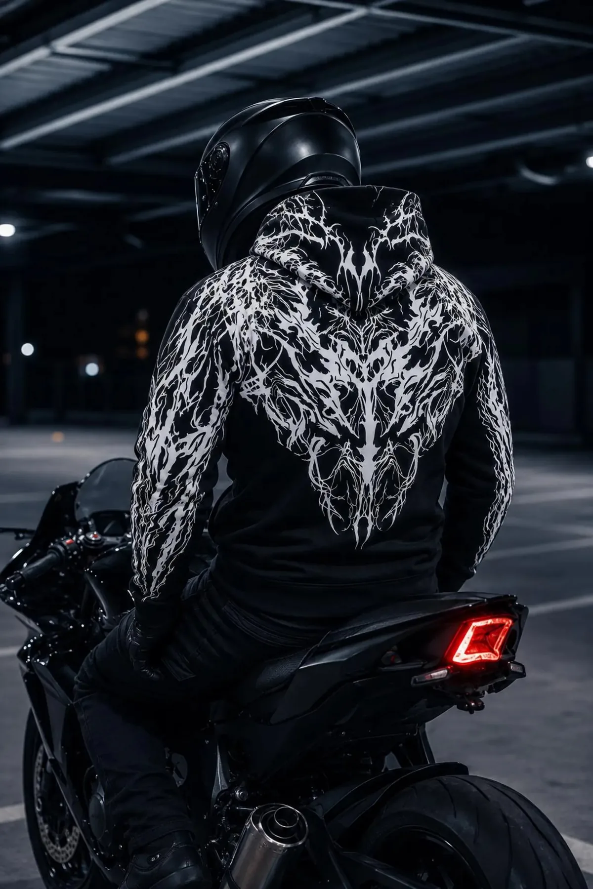 Motorcycle-inspired hoodie reference 1 for garment fit and sample development