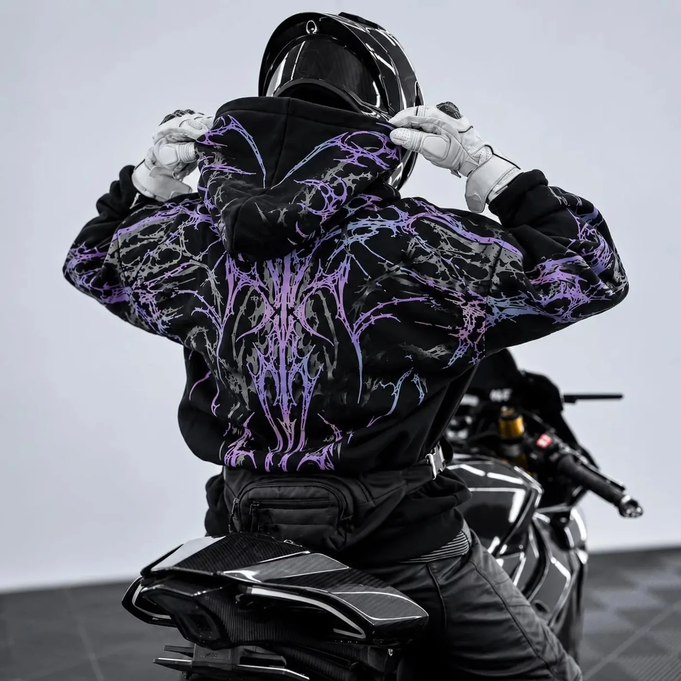 Motorcycle-inspired hoodie reference 2 for garment fit and sample development